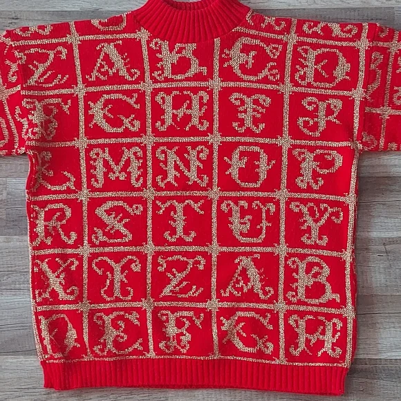 Vintage Red Gold Alphabet Mock Neck Sweater Medium - Picture 3 of 8